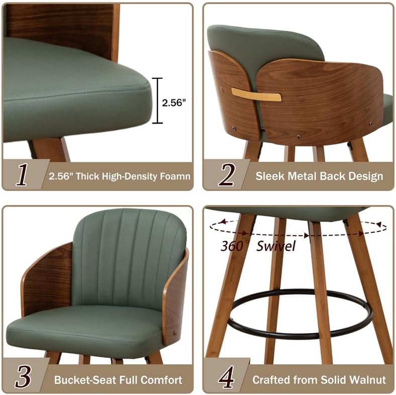 Green 26" Arm Walnut Counter Bar Stools Set of 2