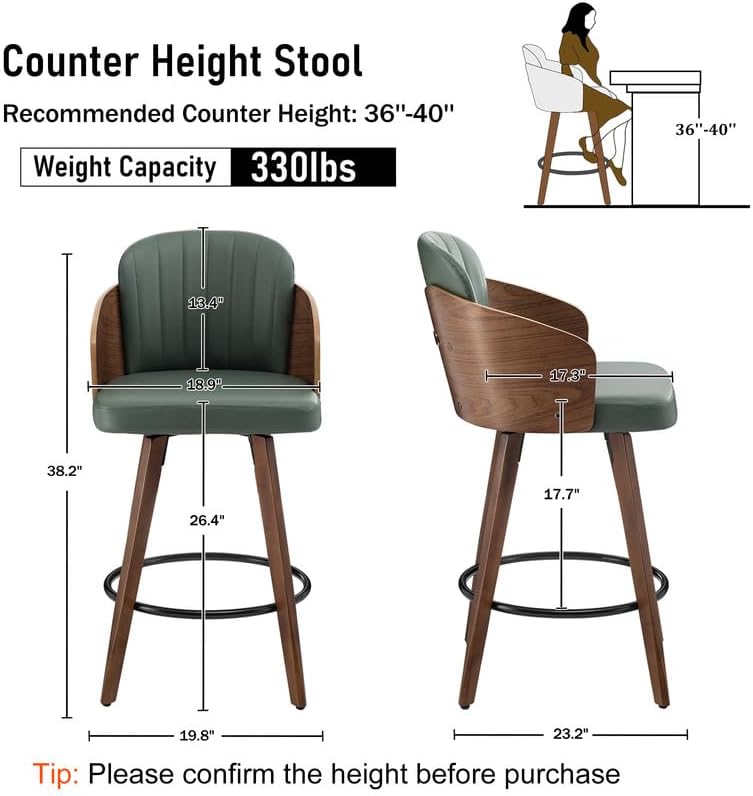 Green 26" Arm Walnut Counter Bar Stools Set of 2