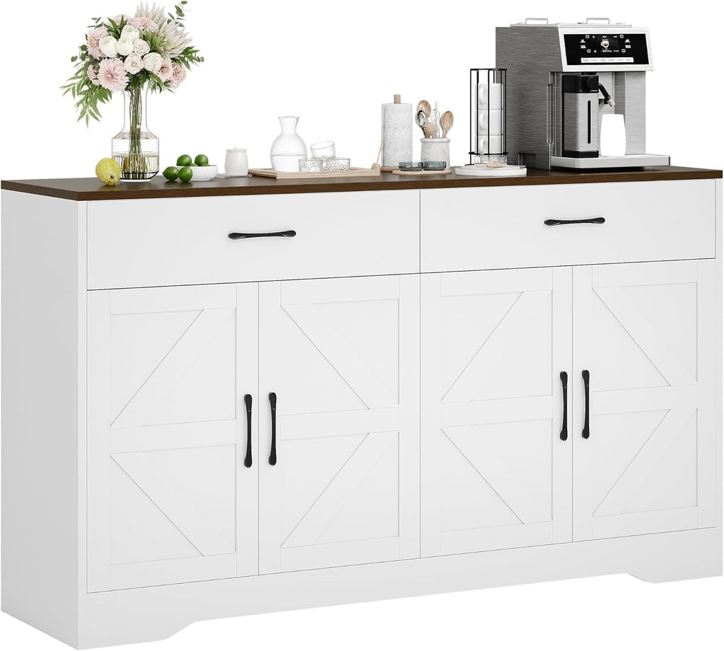 White Farmhouse 55in Storage Sideboard Cabinet