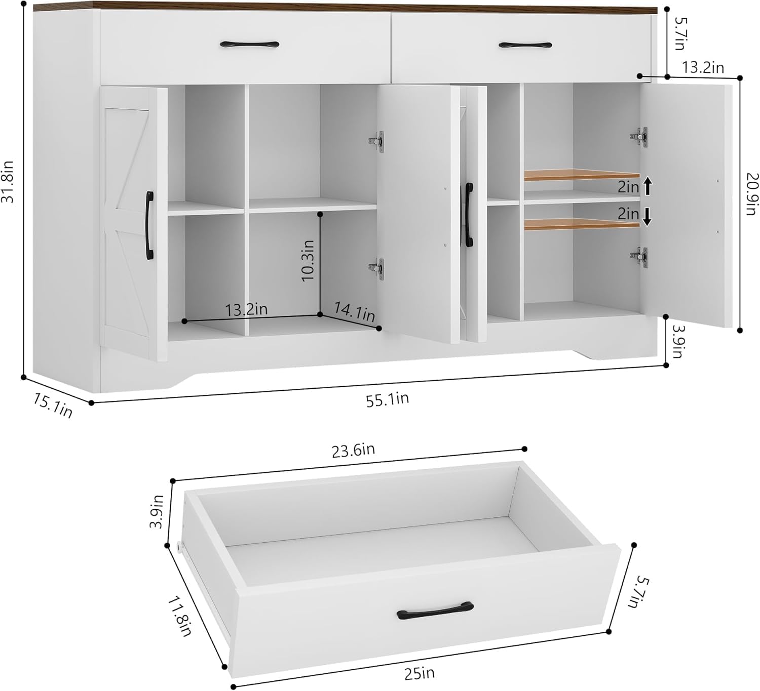 White Farmhouse 55in Storage Sideboard Cabinet