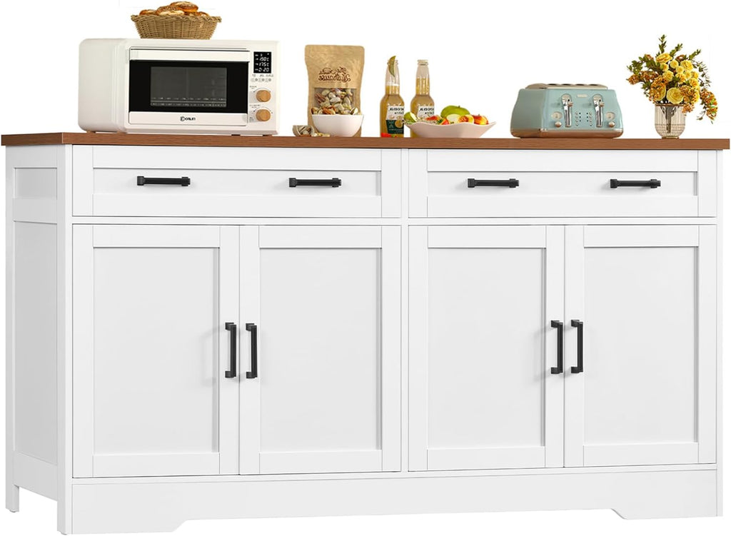 White Farmhouse 63in Storage Sideboard Cabinet