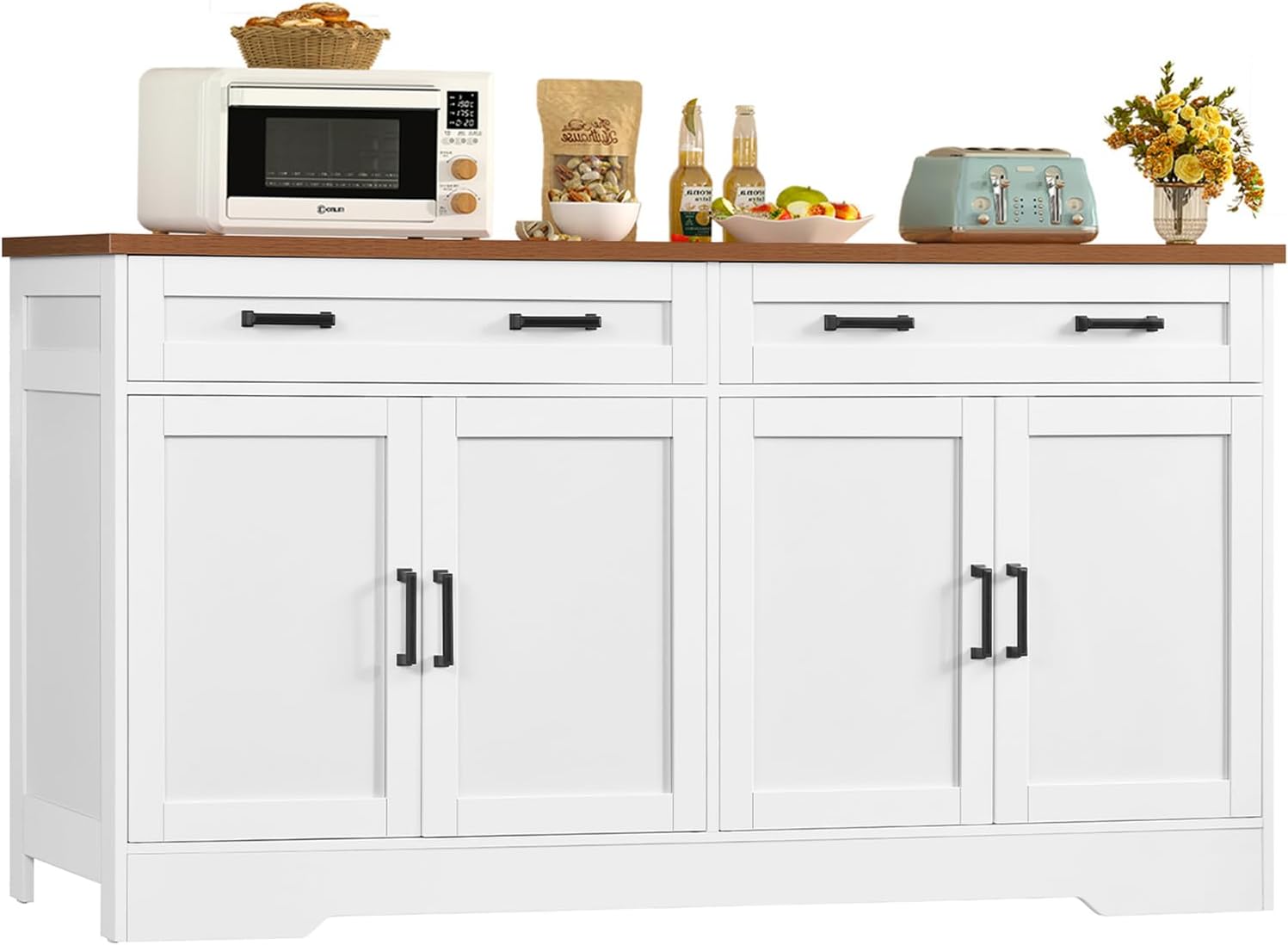 White Farmhouse 63in Storage Sideboard Cabinet