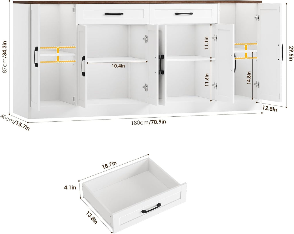 White 71in Soft Close Storage Sideboard Cabinet