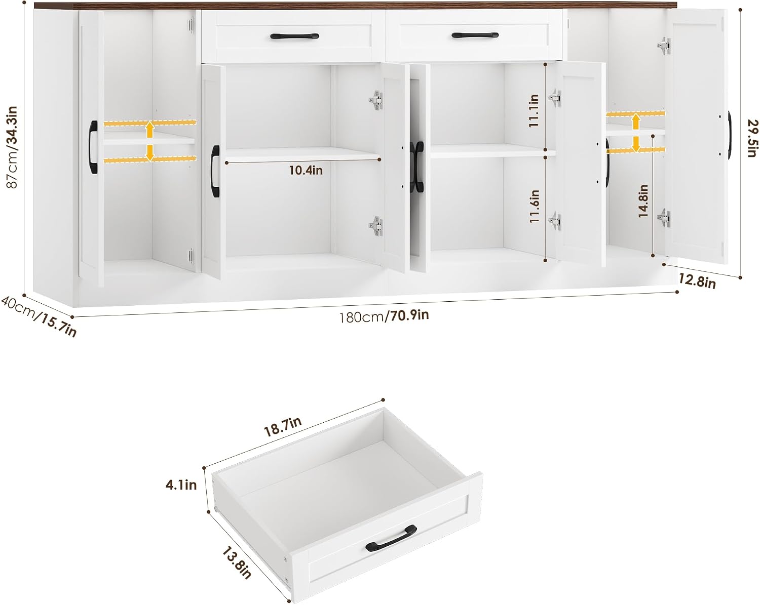 White 71in Soft Close Storage Sideboard Cabinet