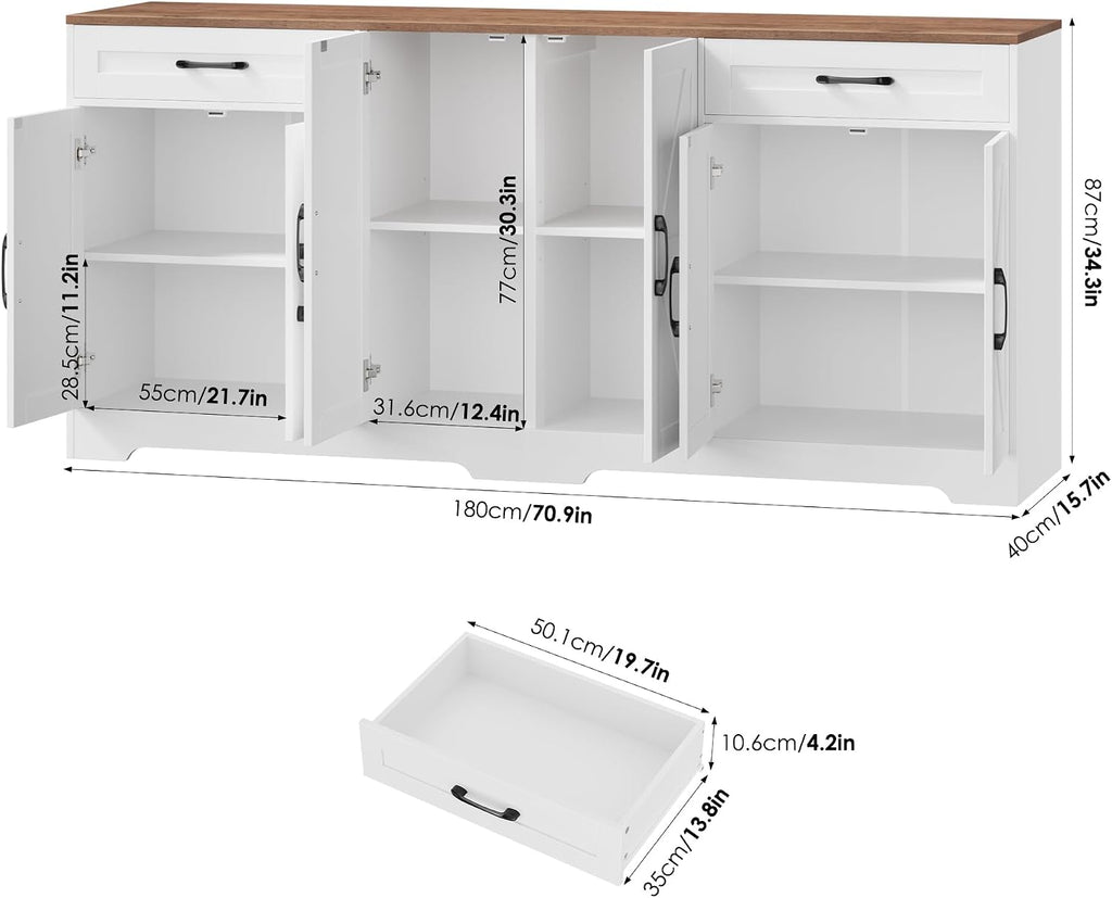 White 71in Barn Door Farmhouse Storage Sideboard