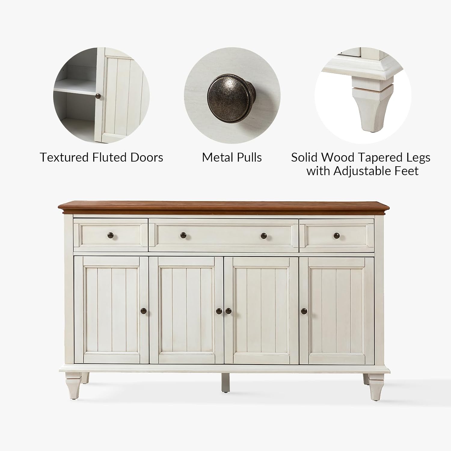 White Tufted 58in Farmhouse Storage Sideboard