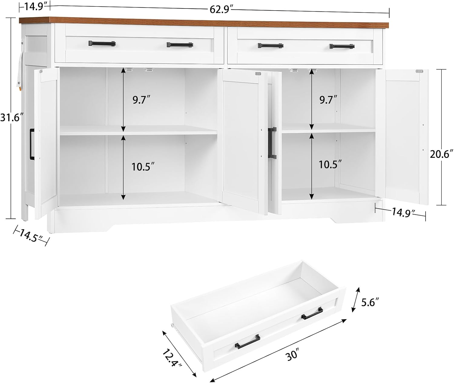 White Farmhouse 63in Storage Sideboard Cabinet
