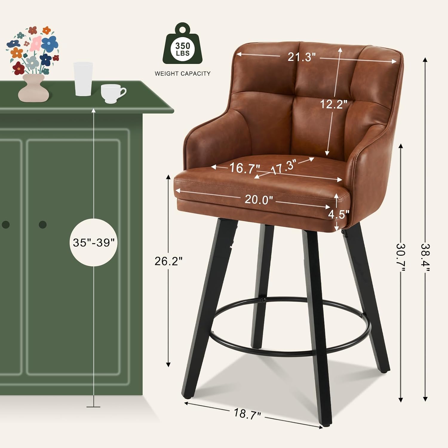 Brown 26" Solid Wood Leg Swivel Counter Stools Set of 2