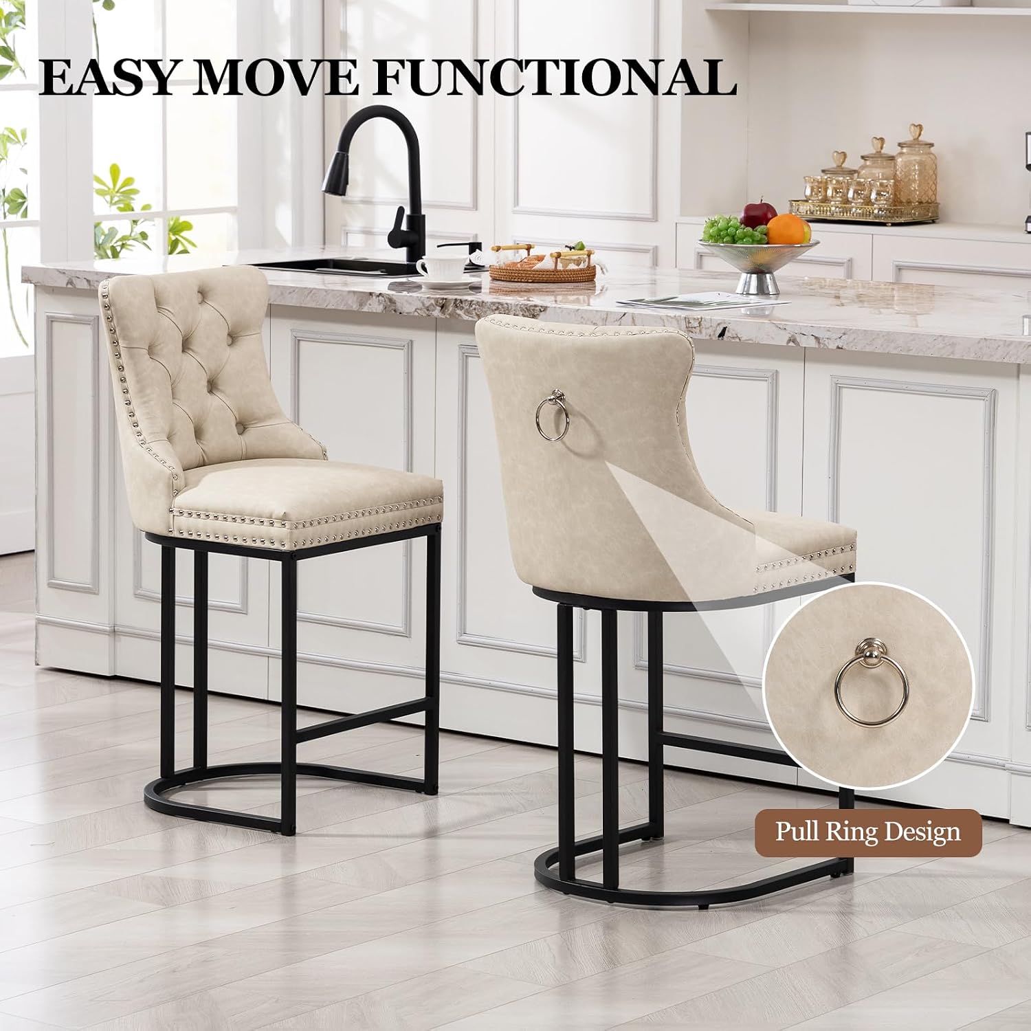 Beige 26" Faux Leather Metal Leg Counter Stools Set of 4