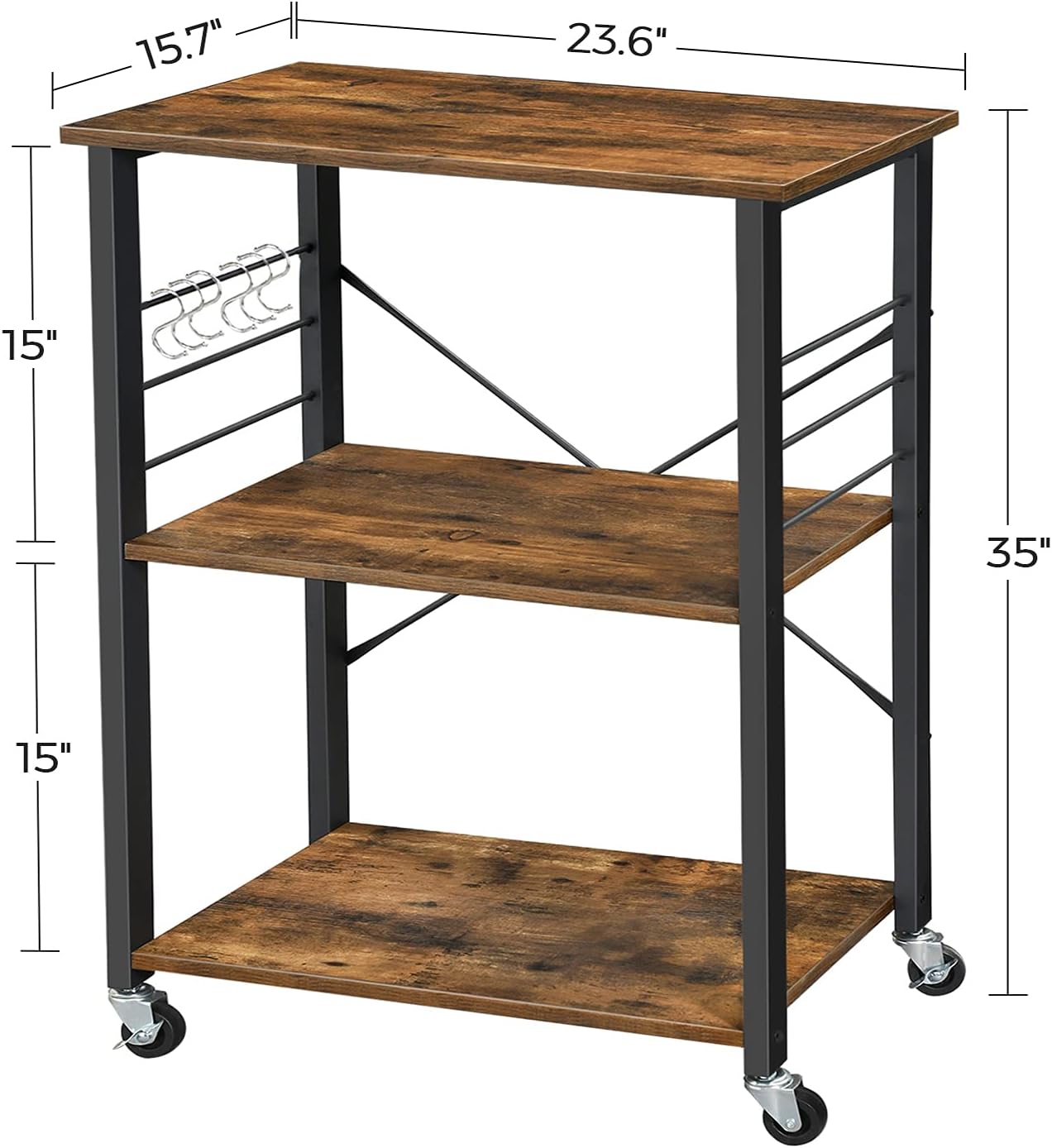 Rustic Brown Black 3-Tier Rolling Kitchen Cart