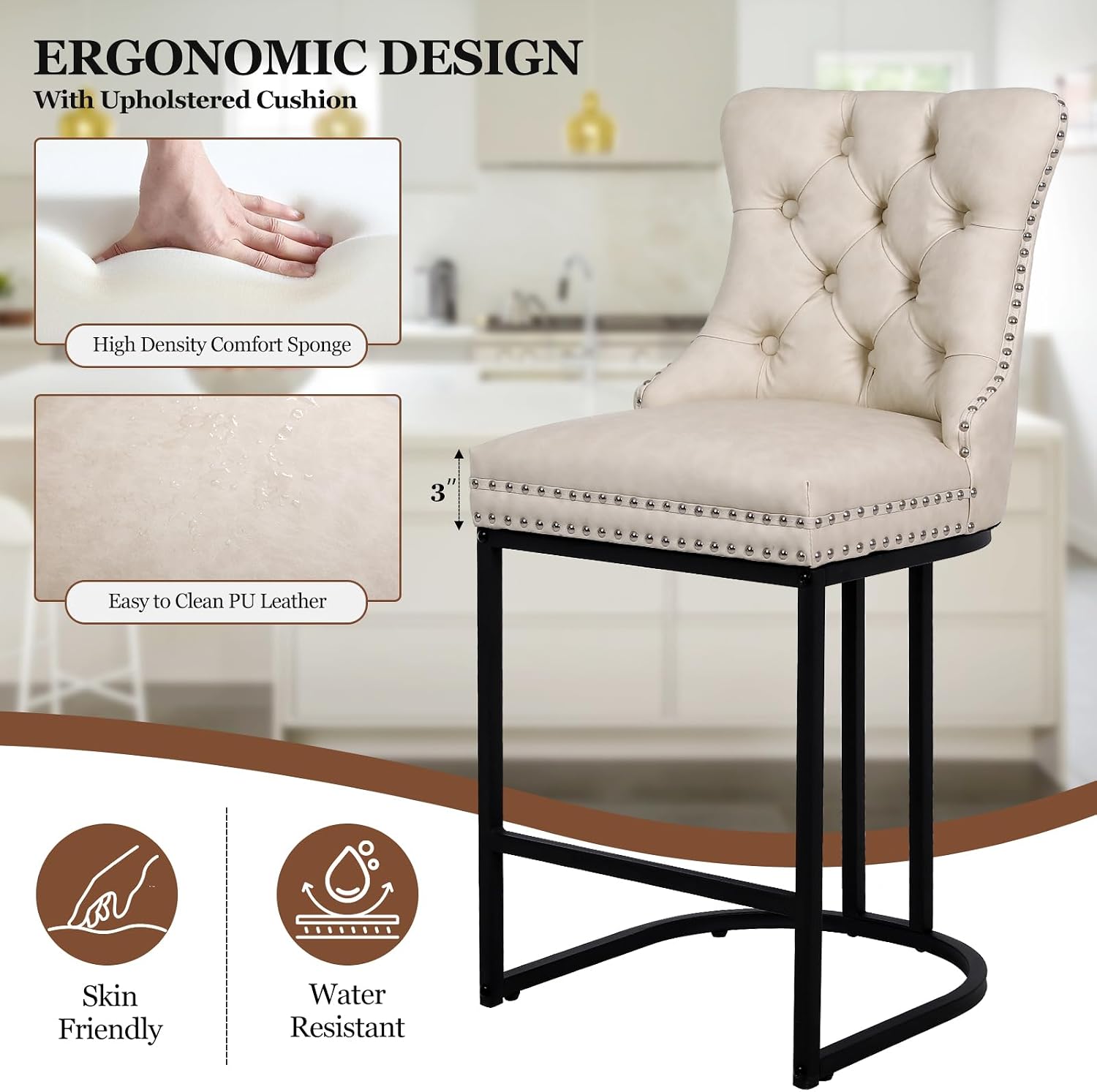 Beige 26" Faux Leather Metal Leg Counter Stools Set of 4