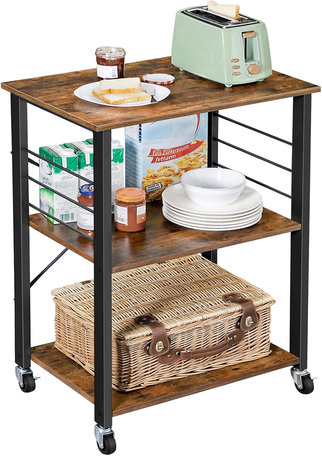 Rustic Brown Black 3-Tier Rolling Kitchen Cart