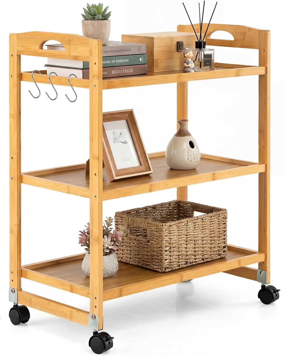 Bamboo 3-Tier Rolling Storage Cart