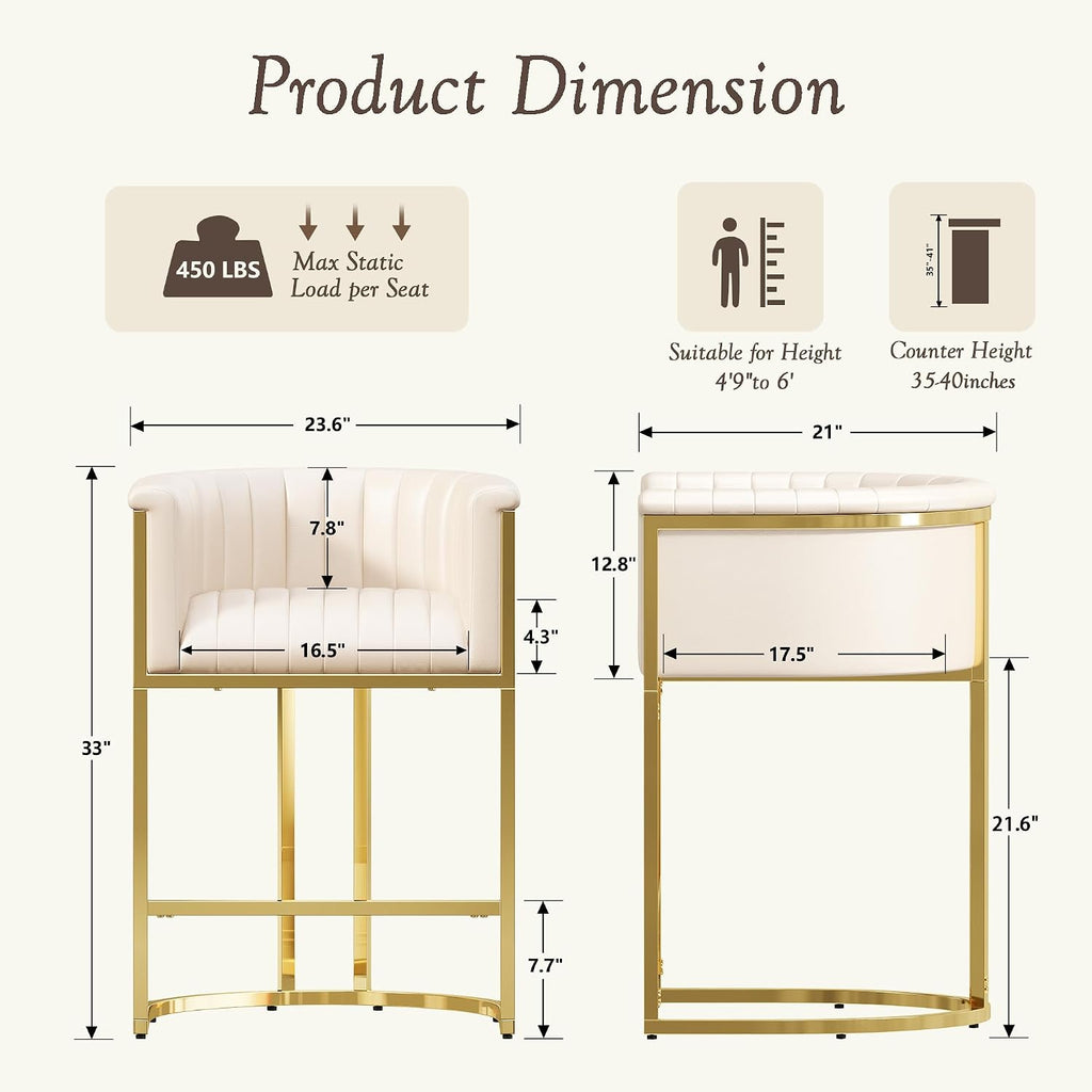 Ivory White 26" Arm Barrel Counter Stools Set of 3 Gold Frame