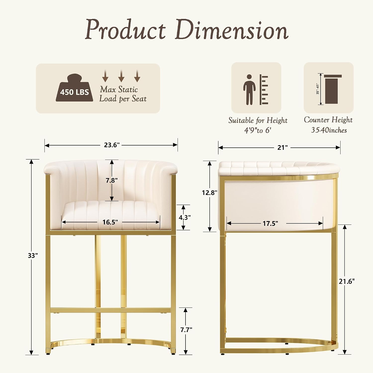 Ivory White 26" Arm Barrel Counter Stools Set of 3 Gold Frame