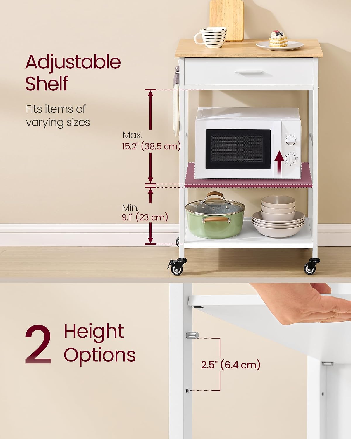 Oak White Rolling Storage Kitchen Island Cart