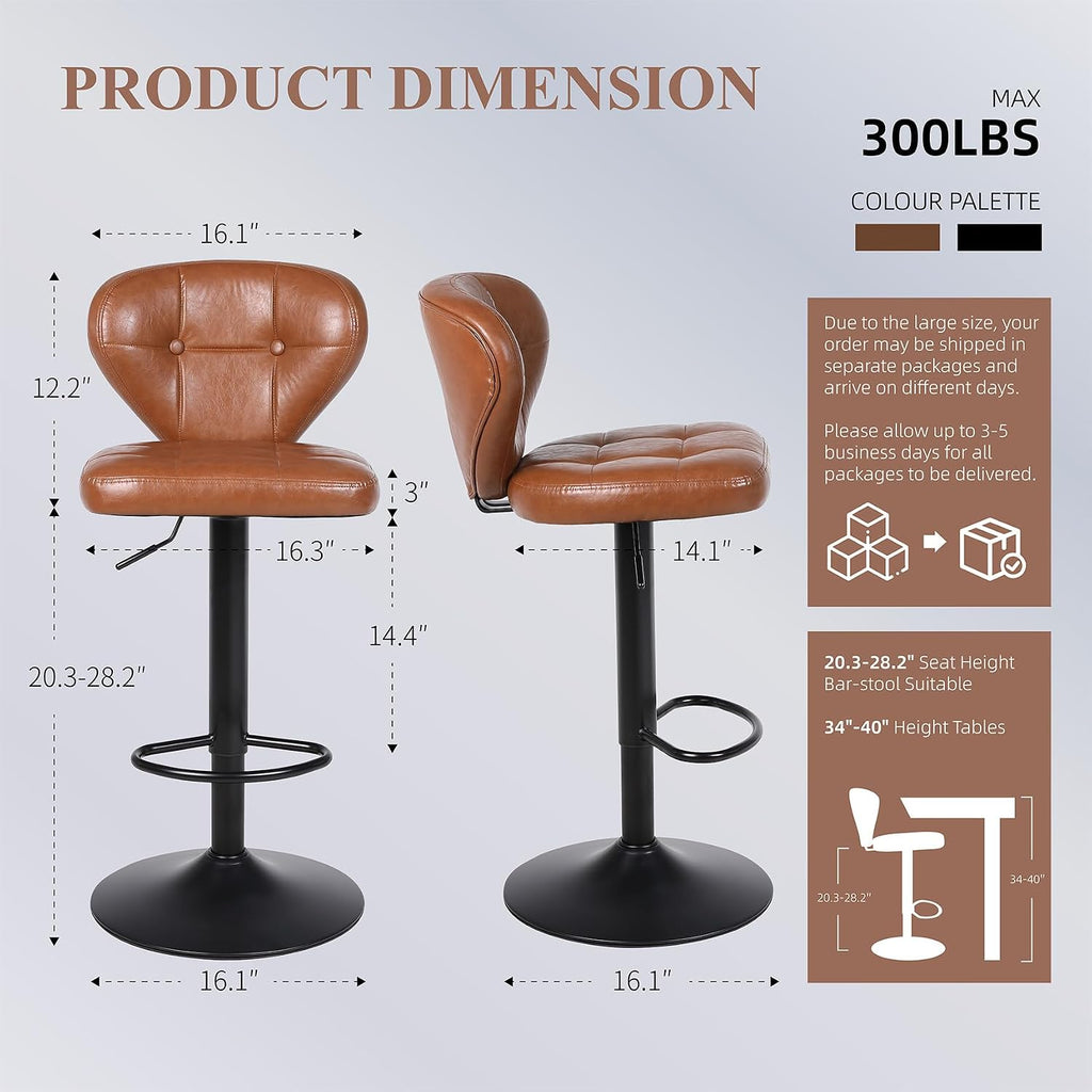 Brown Adjustable High Back Swivel Bar Stools Set of 2
