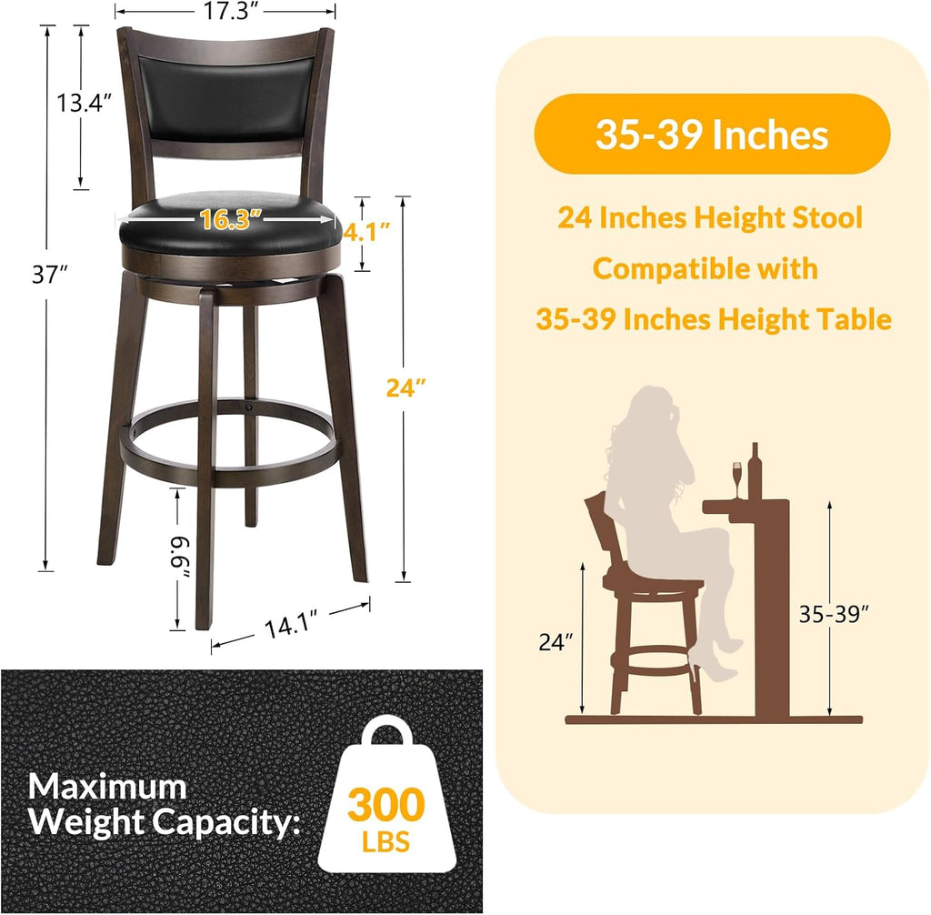 Black 24" High Back Wood Leg Swivel Counter Stools Set of 2