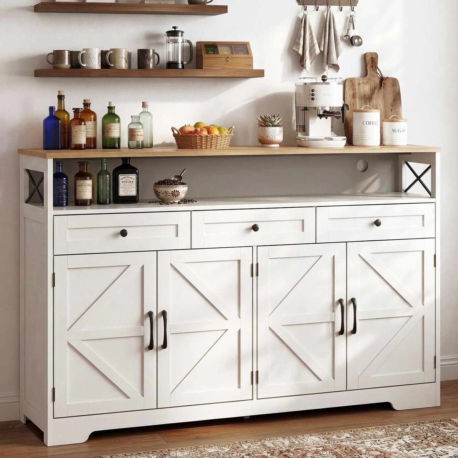 White 55in Farmhouse Sideboard with Charging Station
