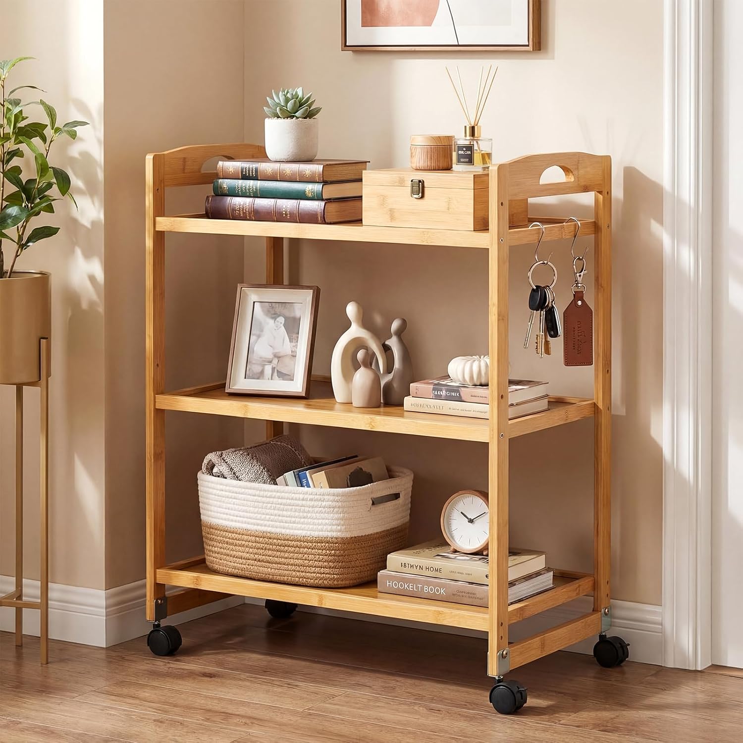 Bamboo 3-Tier Rolling Storage Cart