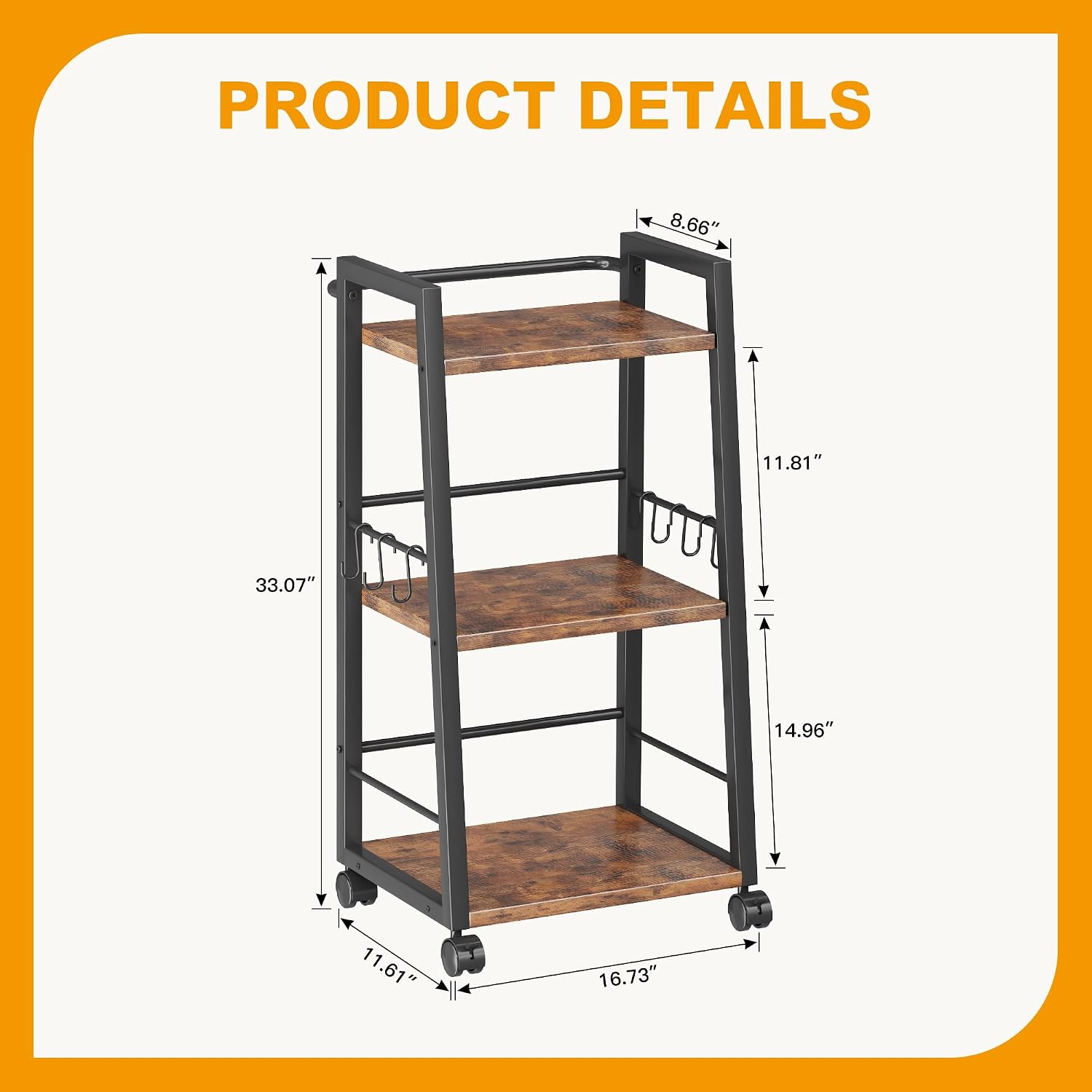 Rustic Brown 3-Tier Rolling Kitchen Bar Cart