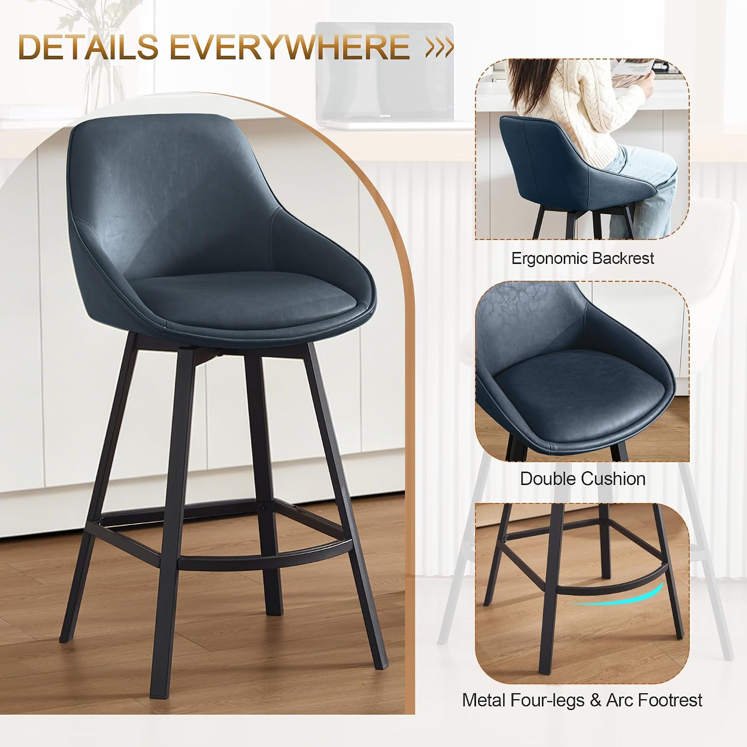 Blue 26" Low Back Swivel Counter Bar Stools Set of 4