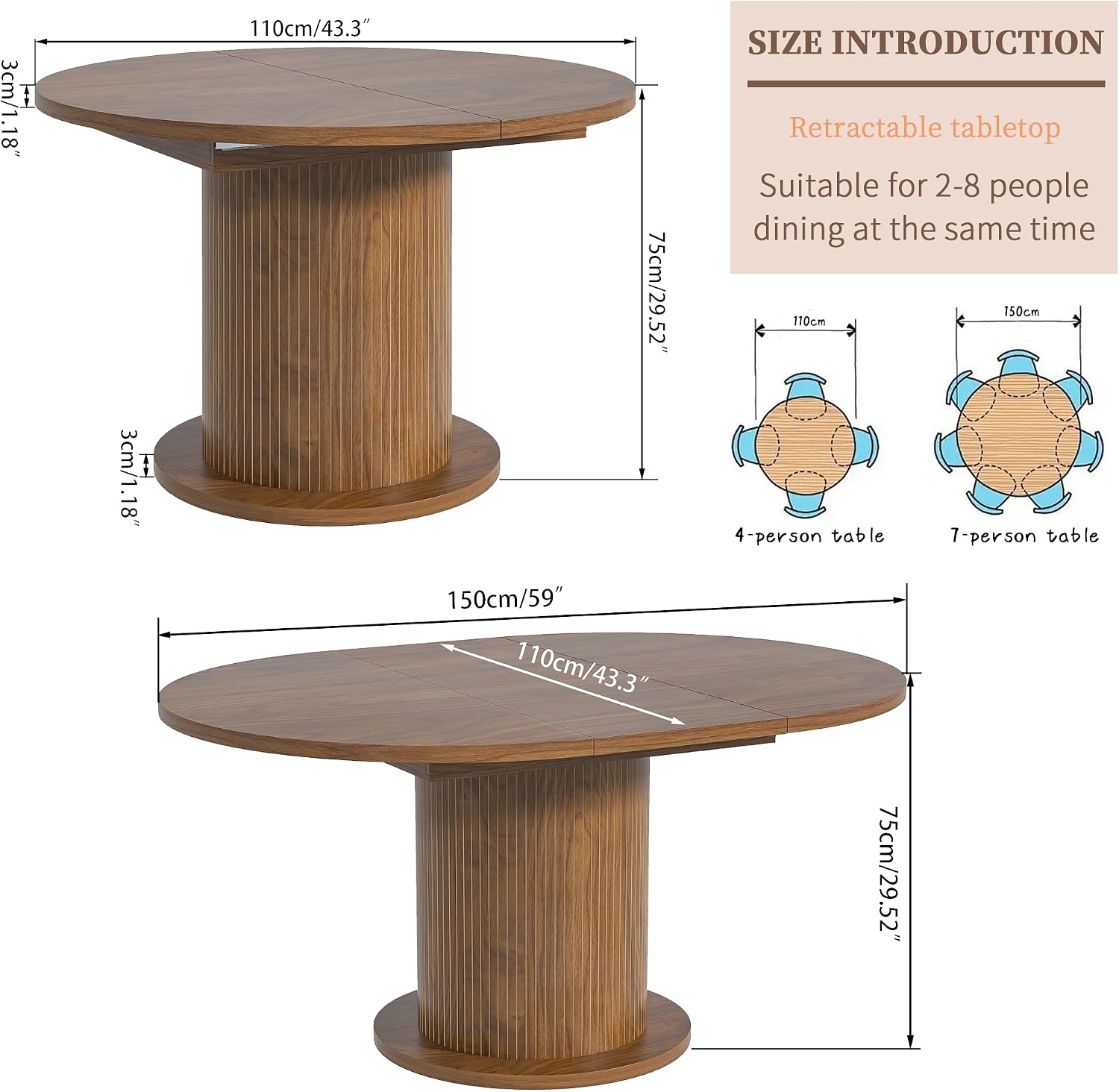 Walnut Adjustable Round Farmhouse Dining Table
