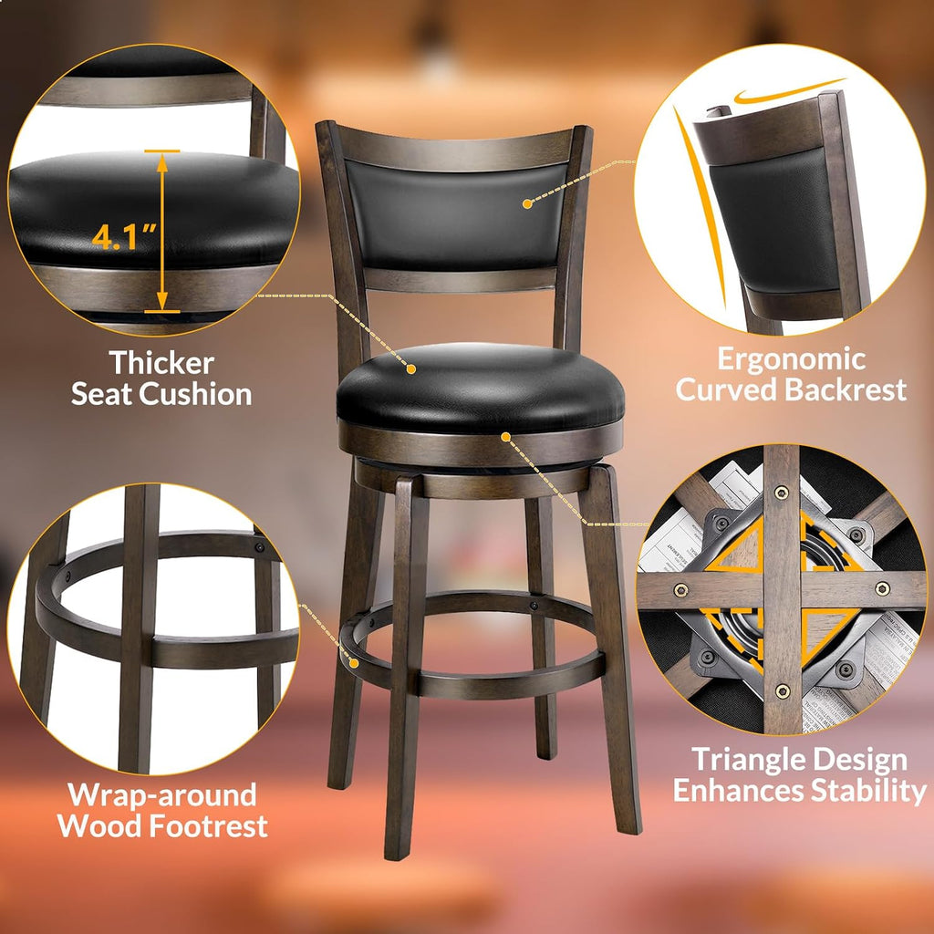 Black 24" High Back Wood Leg Swivel Counter Stools Set of 2