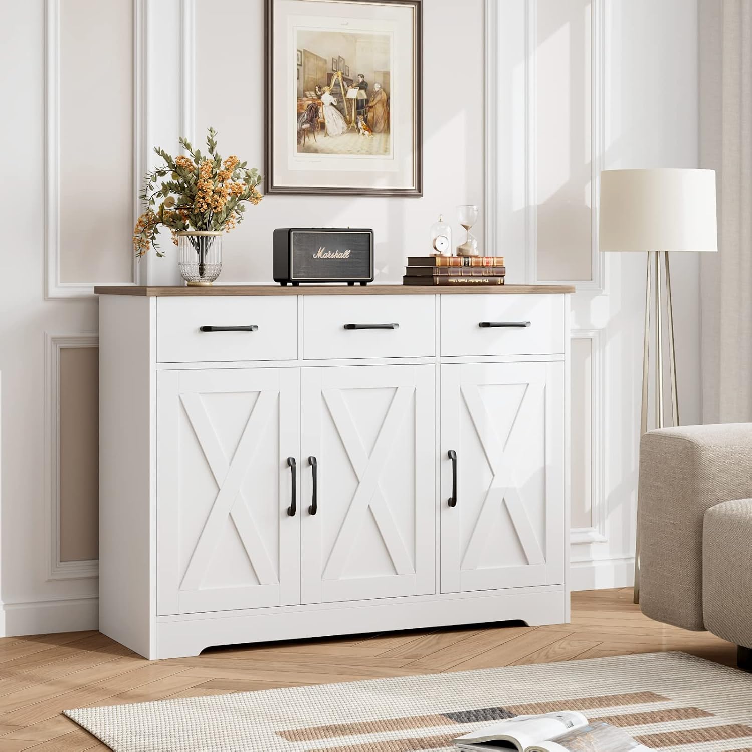 White Barn Door Farmhouse Storage Sideboard Cabinet