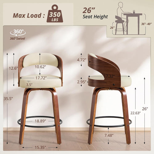 Beige 26" Bentwood Swivel Counter Bar Stools Set of 4