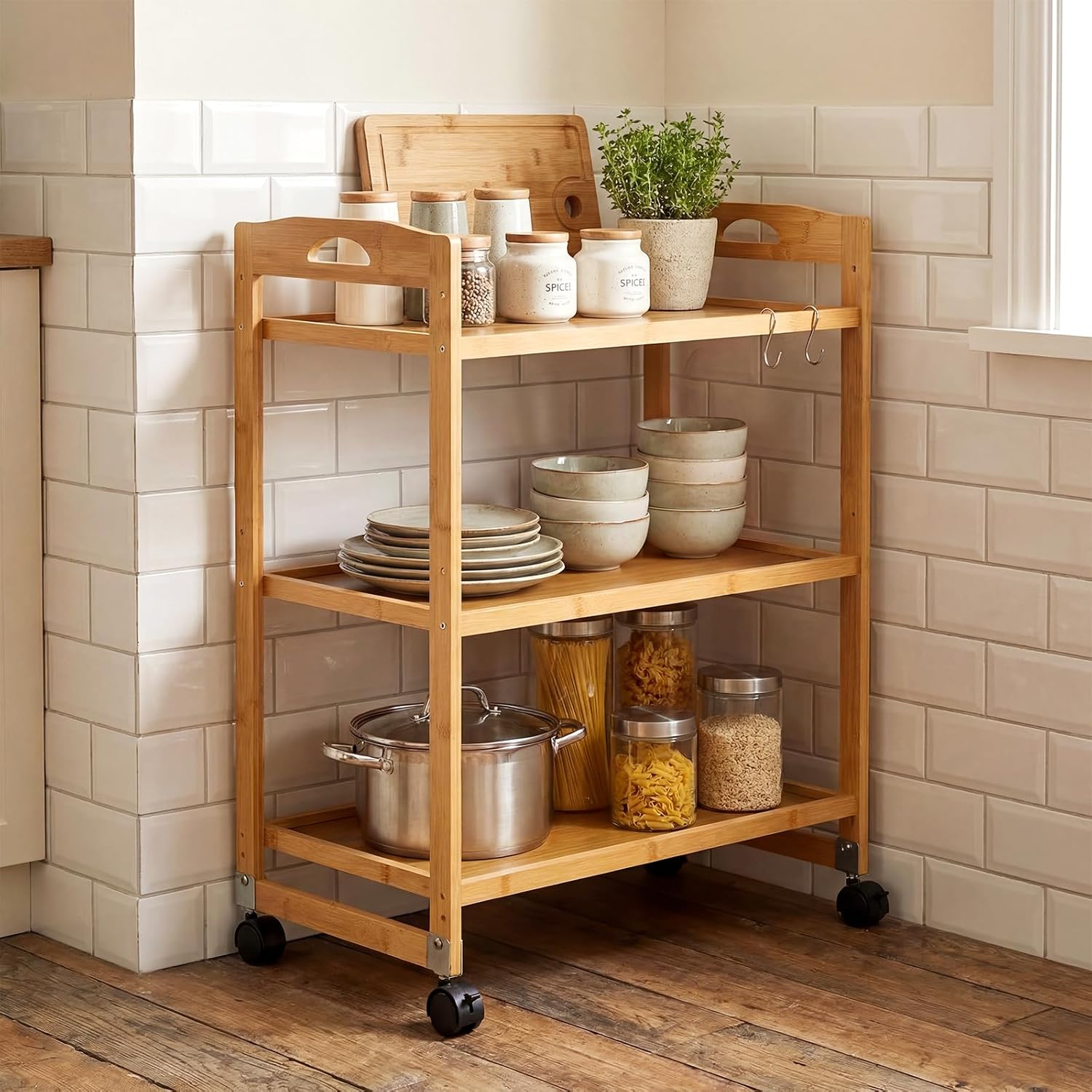 Bamboo 3-Tier Rolling Storage Cart