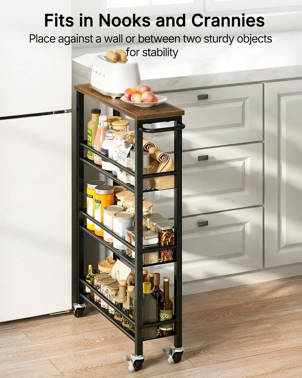 Black Brown 4-Tier Rolling Slim Storage Cart