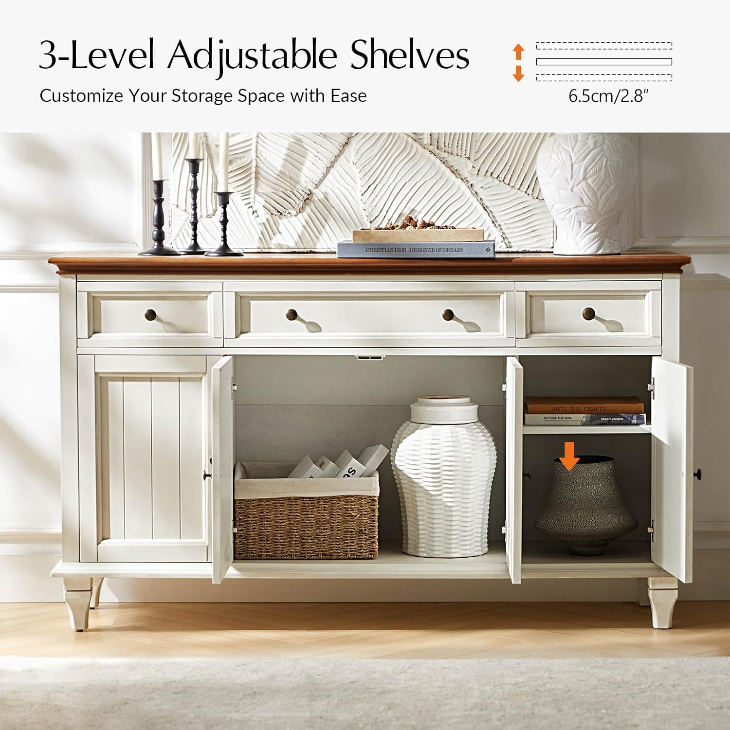 White Tufted 58in Farmhouse Storage Sideboard