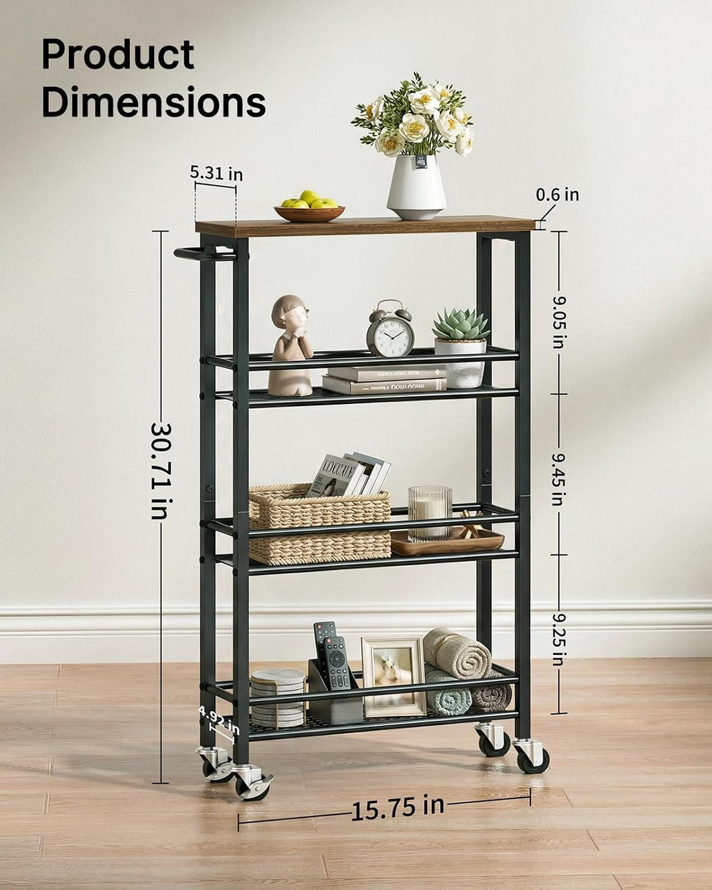 Black Brown 4-Tier Rolling Slim Storage Cart