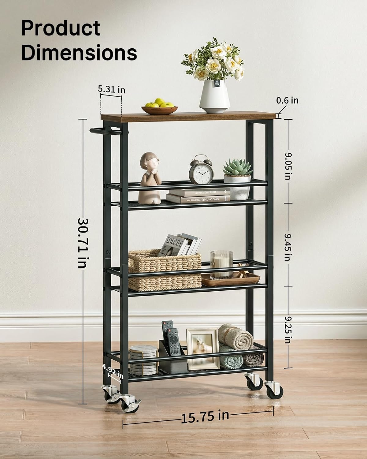 Black Brown 4-Tier Rolling Slim Storage Cart