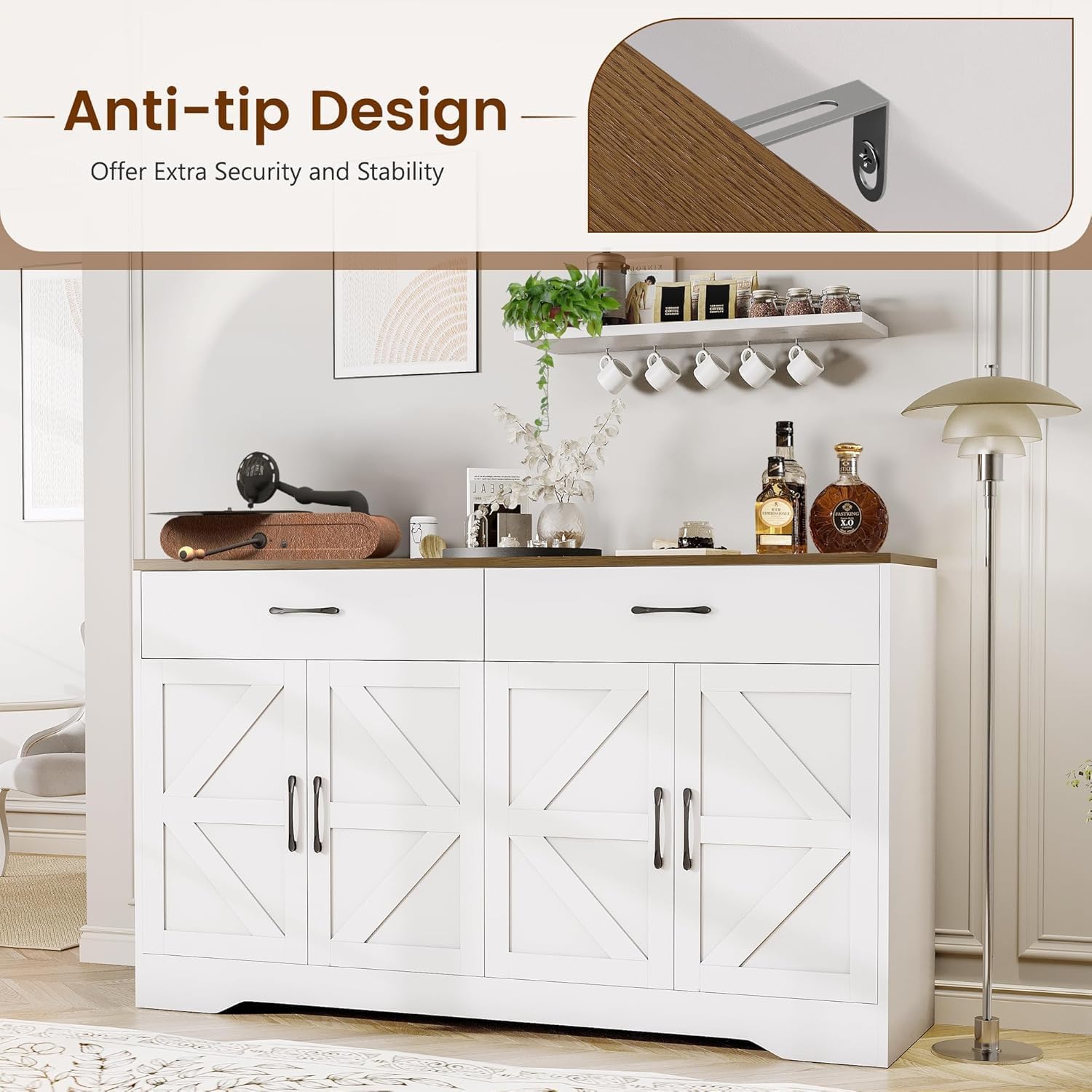 White Farmhouse 55in Storage Sideboard Cabinet