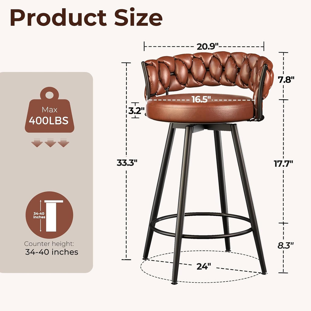 Brown 26" Swivel Faux Leather Counter Bar Stools Set of 2