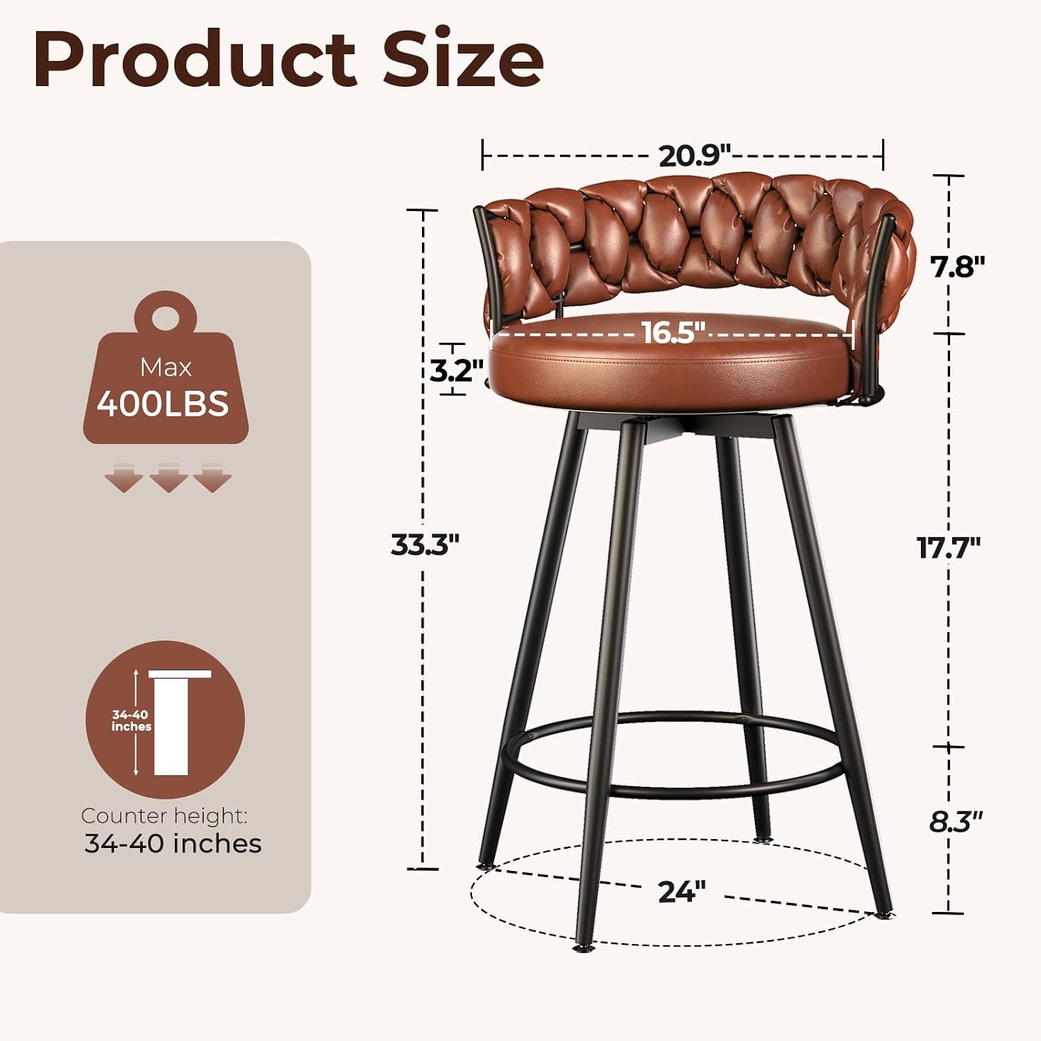 Brown 26" Swivel Faux Leather Counter Bar Stools Set of 2