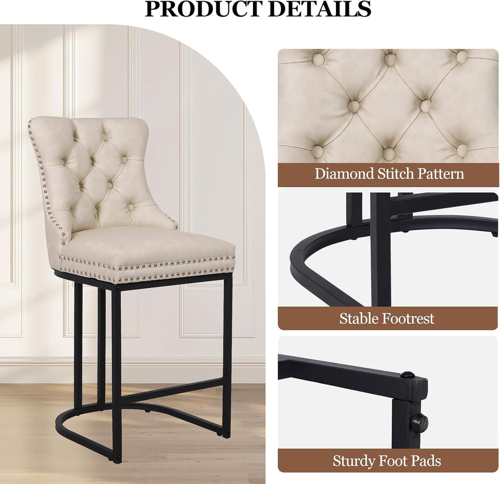 Beige 26" Faux Leather Metal Leg Counter Stools Set of 4