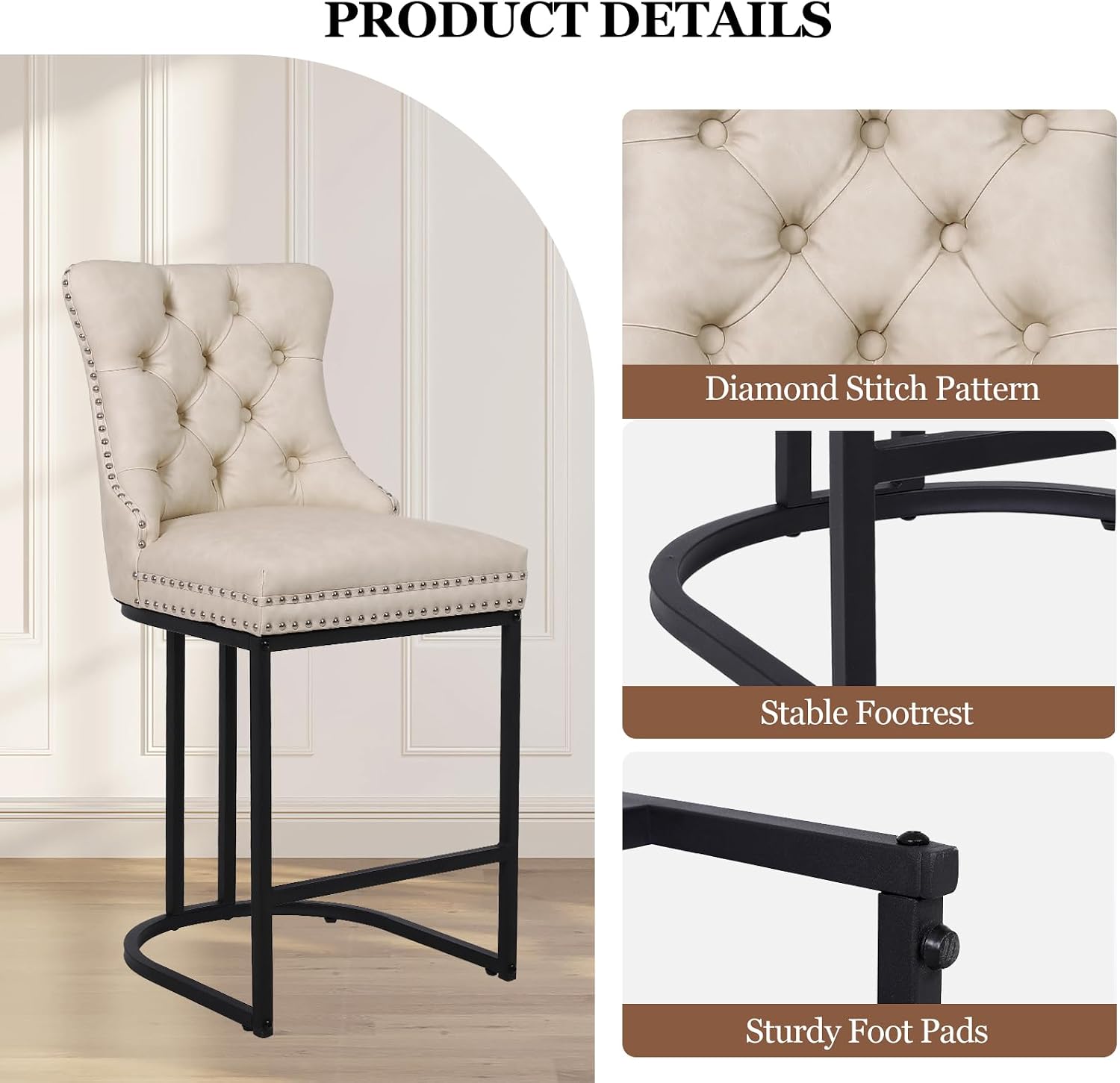 Beige 26" Faux Leather Metal Leg Counter Stools Set of 4