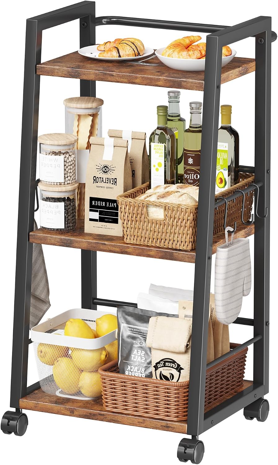 Rustic Brown 3-Tier Rolling Kitchen Bar Cart
