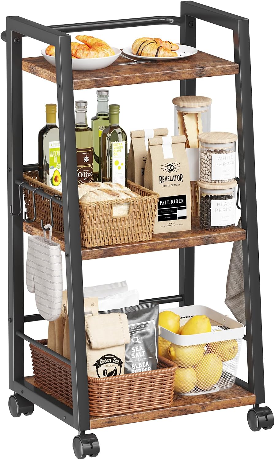 Rustic Brown 3-Tier Rolling Kitchen Bar Cart