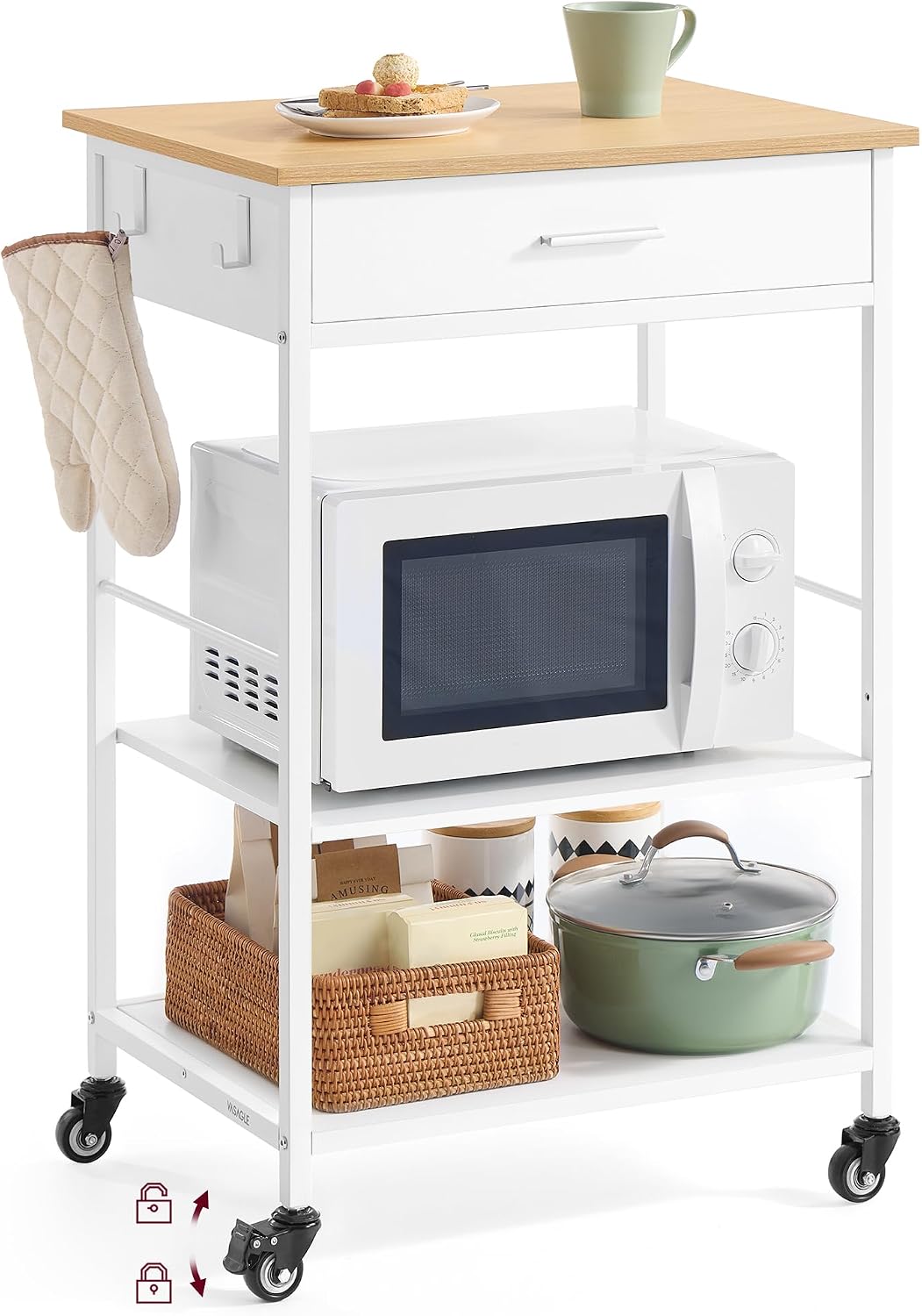 Oak White Rolling Storage Kitchen Island Cart