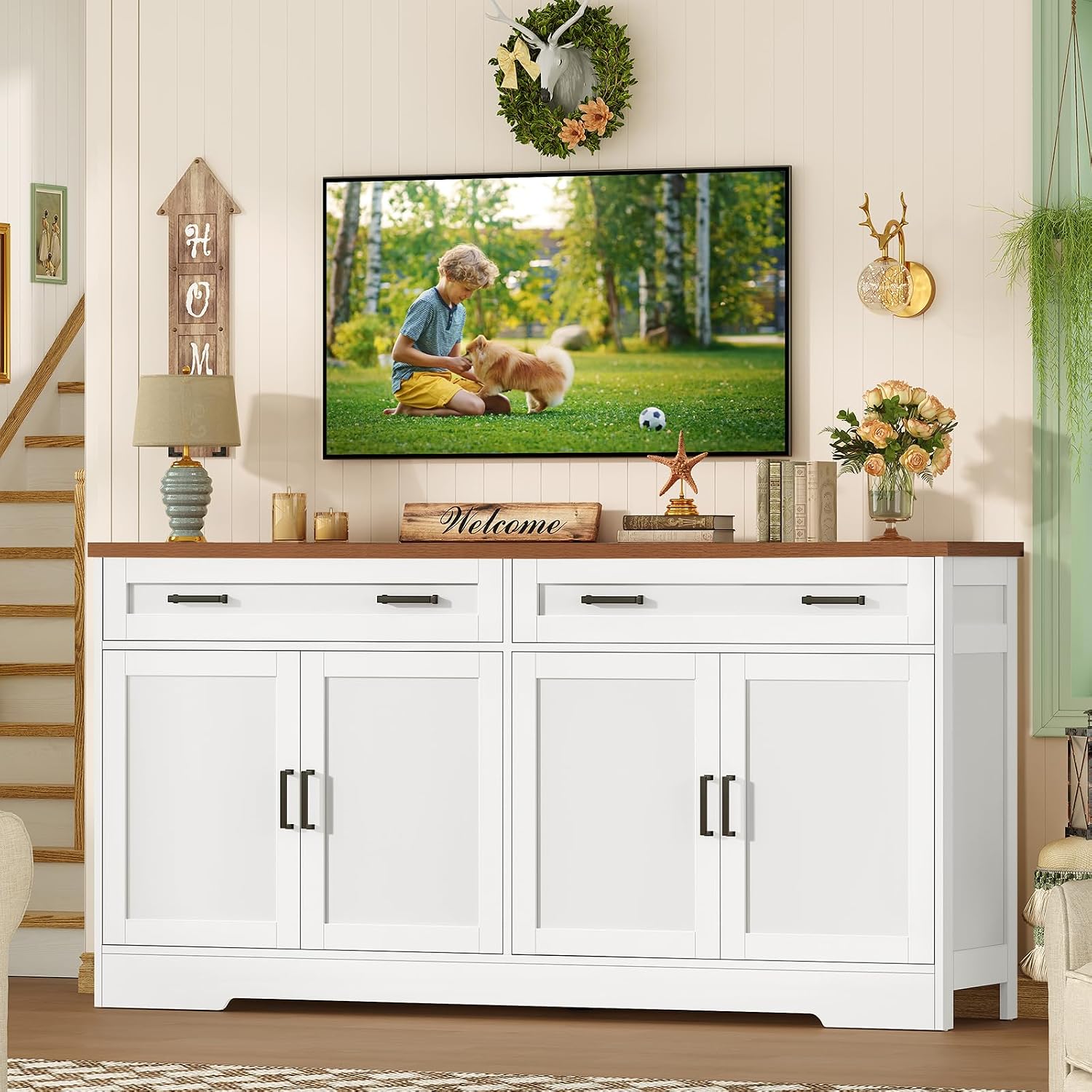 White Farmhouse 63in Storage Sideboard Cabinet