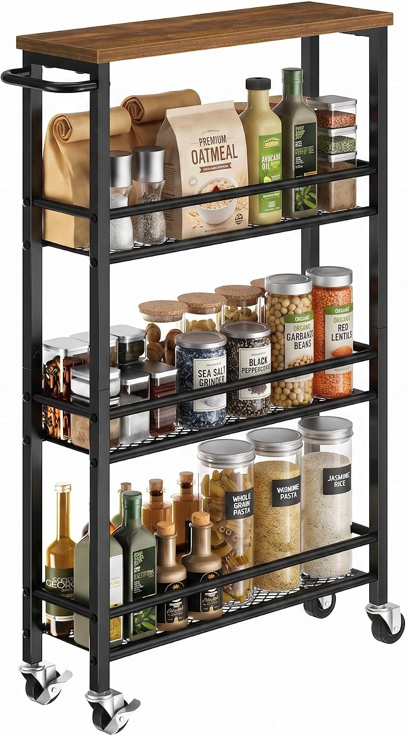 Black Brown 4-Tier Rolling Slim Storage Cart