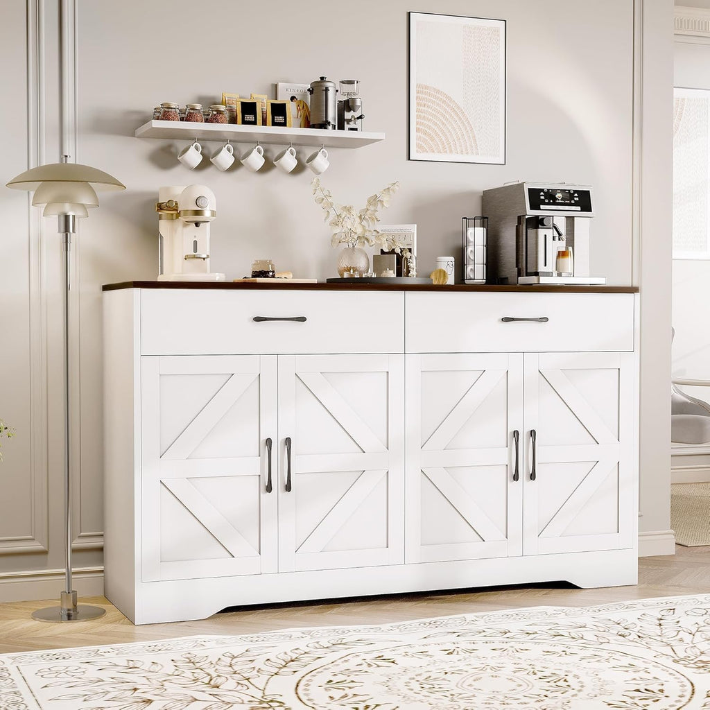 White Farmhouse 55in Storage Sideboard Cabinet