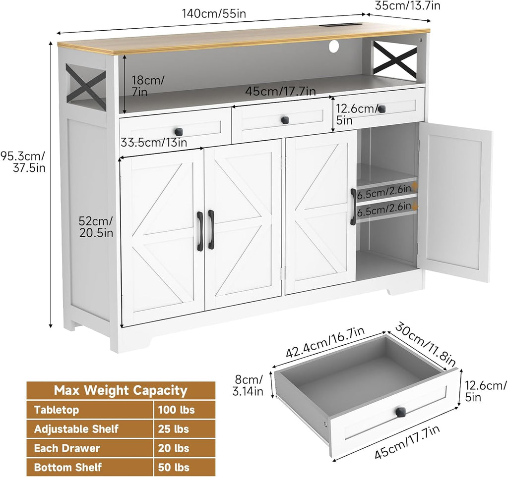 White 55in Farmhouse Sideboard with Charging Station