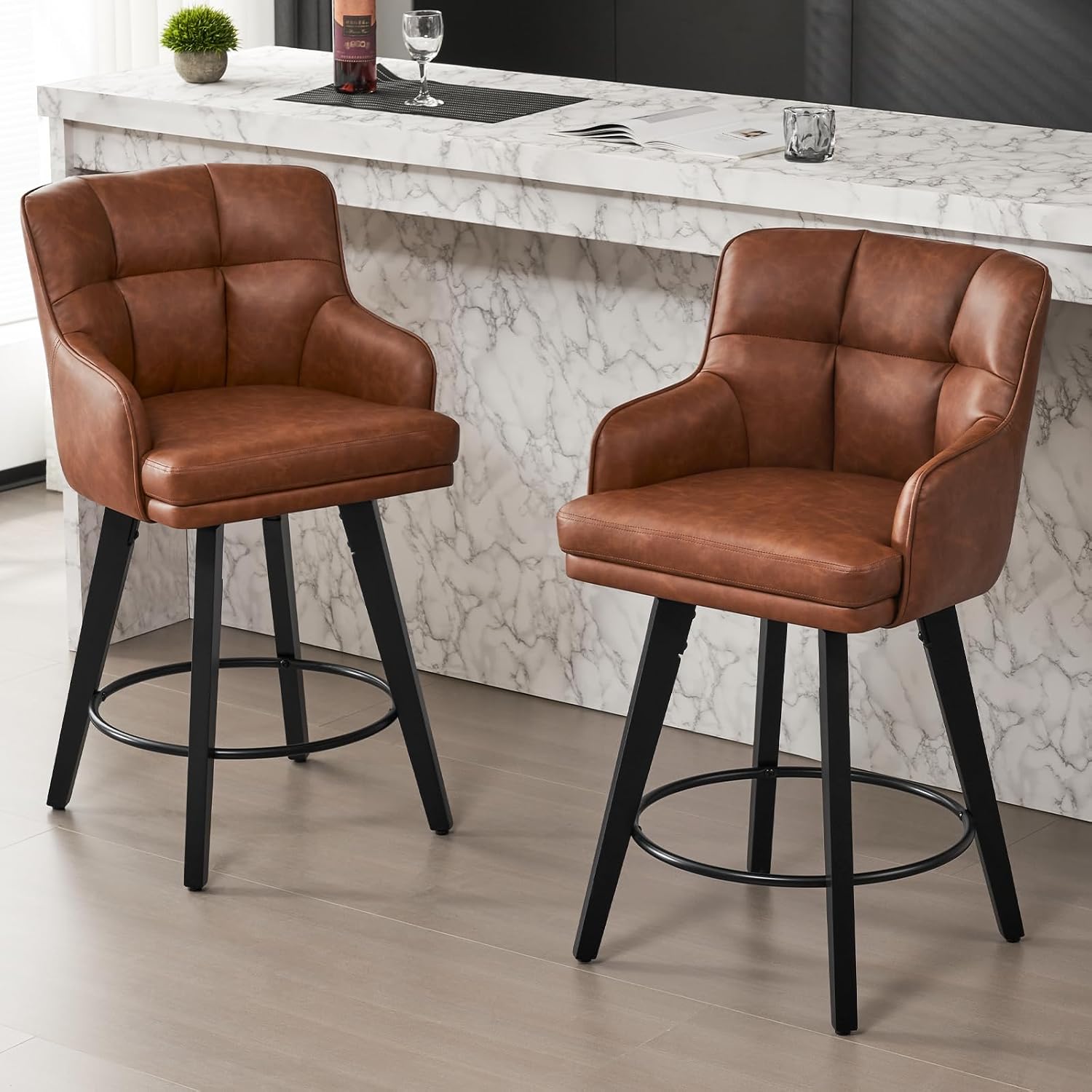 Brown 26" Solid Wood Leg Swivel Counter Stools Set of 2