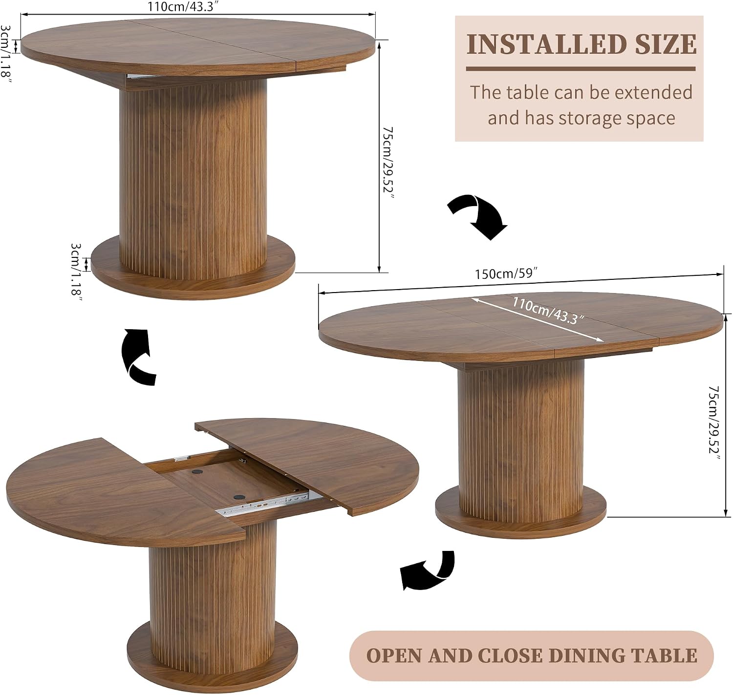 Walnut Adjustable Round Farmhouse Dining Table