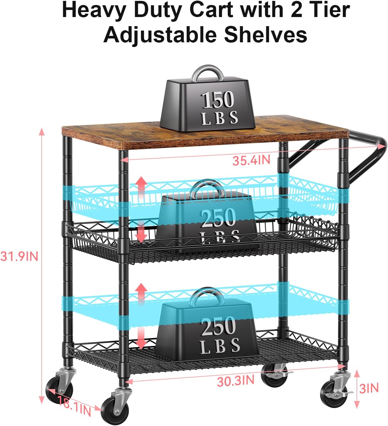 Wood Top Heavy Duty Rolling Utility Cart